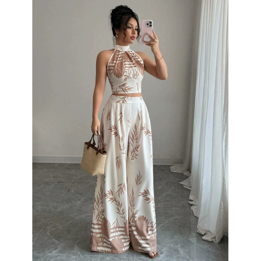 ZARA Summer Vacation Chic Halter Vest Wide Leg Pants Print Set